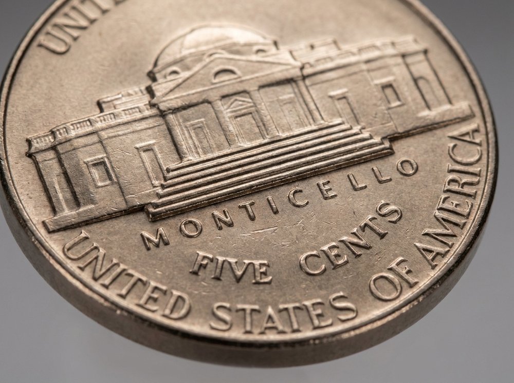 Close-up of Monticello reverse on a Jefferson nickel showing full steps detail