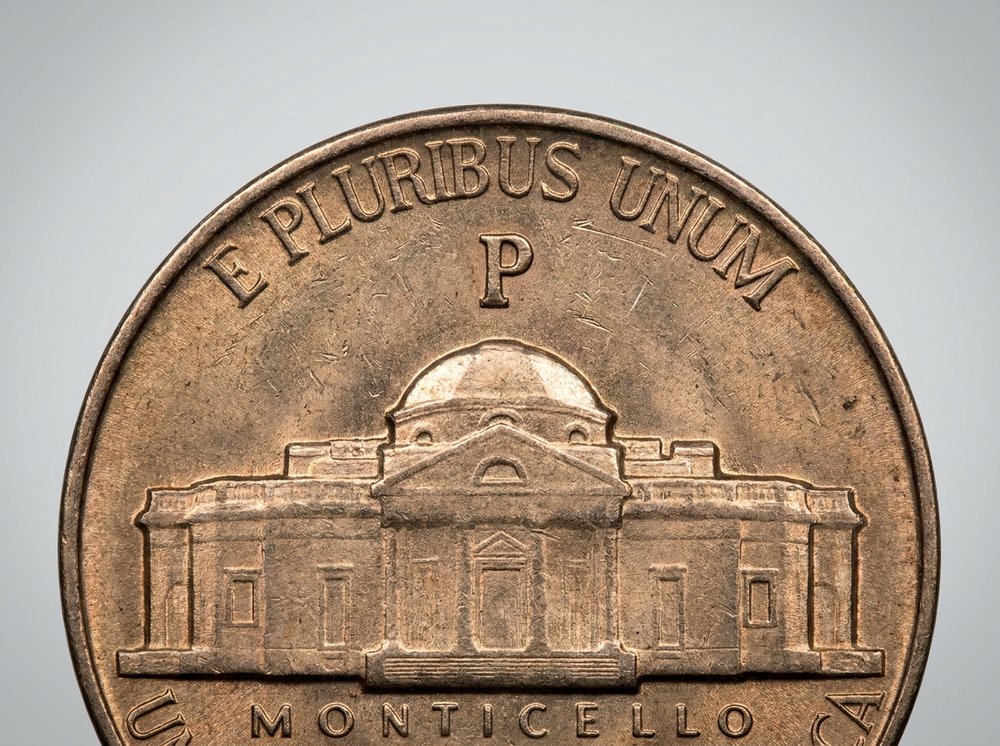 Large wartime mintmark above Monticello dome on a 1943 silver Jefferson nickel