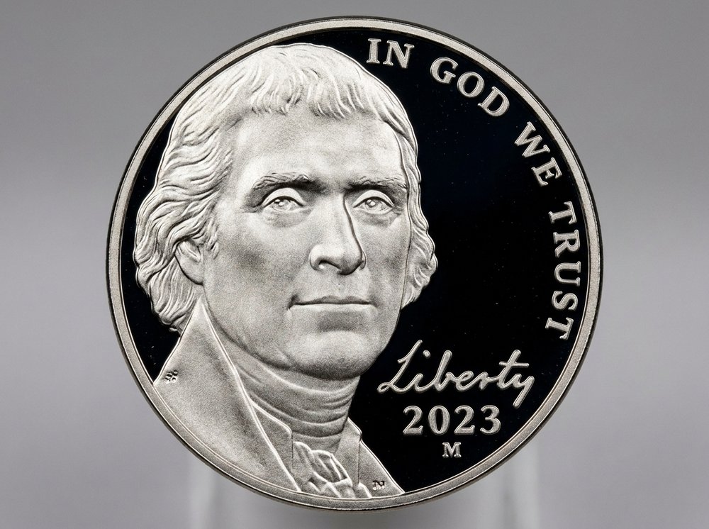 Mirror-finish proof Jefferson nickel obverse showing Thomas Jefferson portrait
